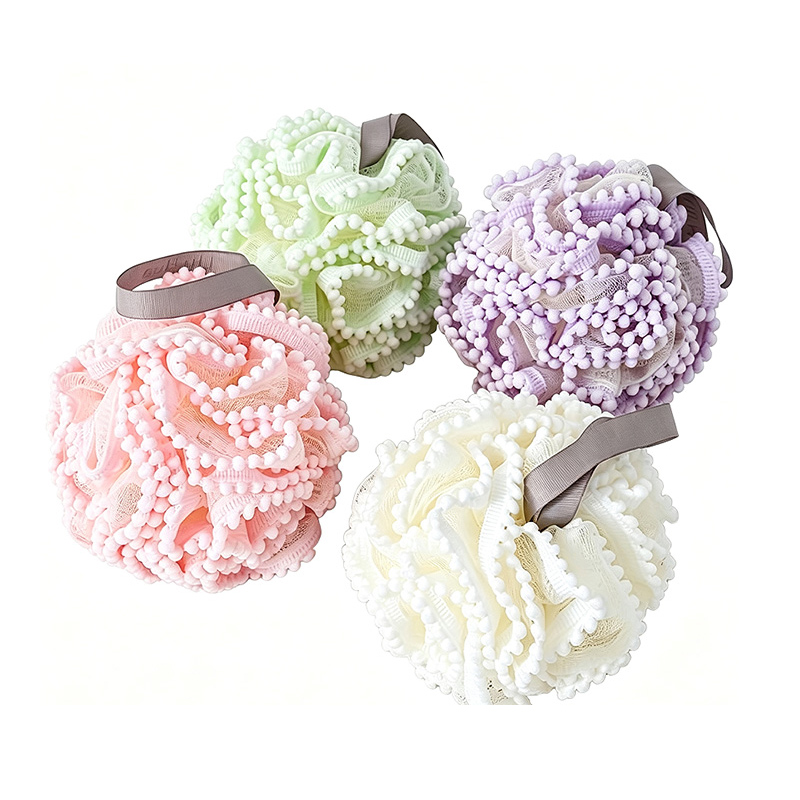 Bola de ducha tipo loofah de baño suave con borde enrollado